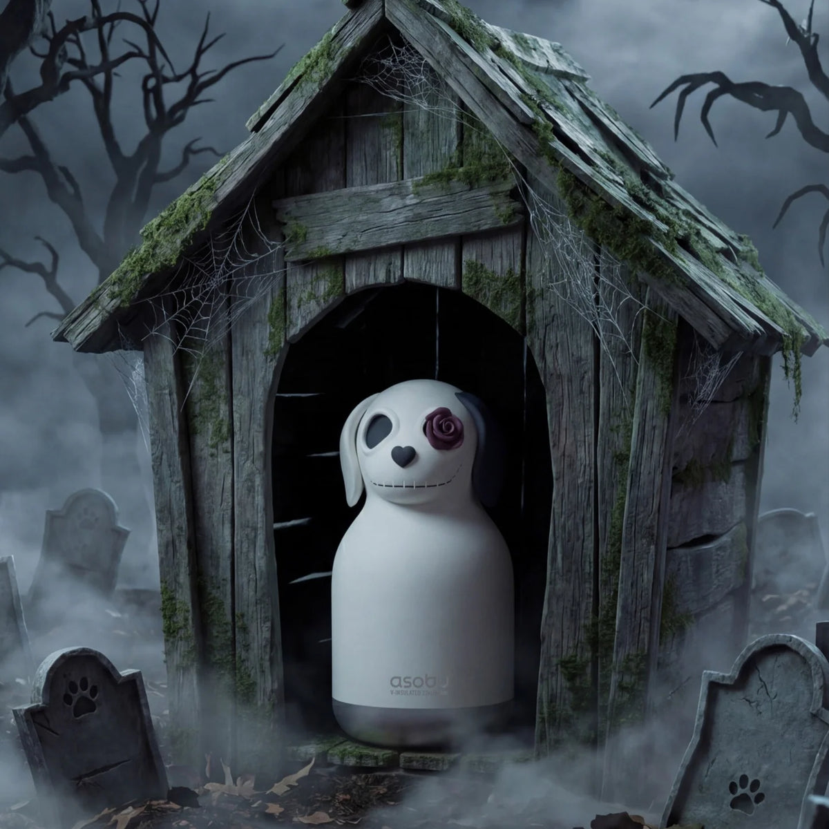 A creepy design dog drink bottle in a dog house in a pet cemetery background.