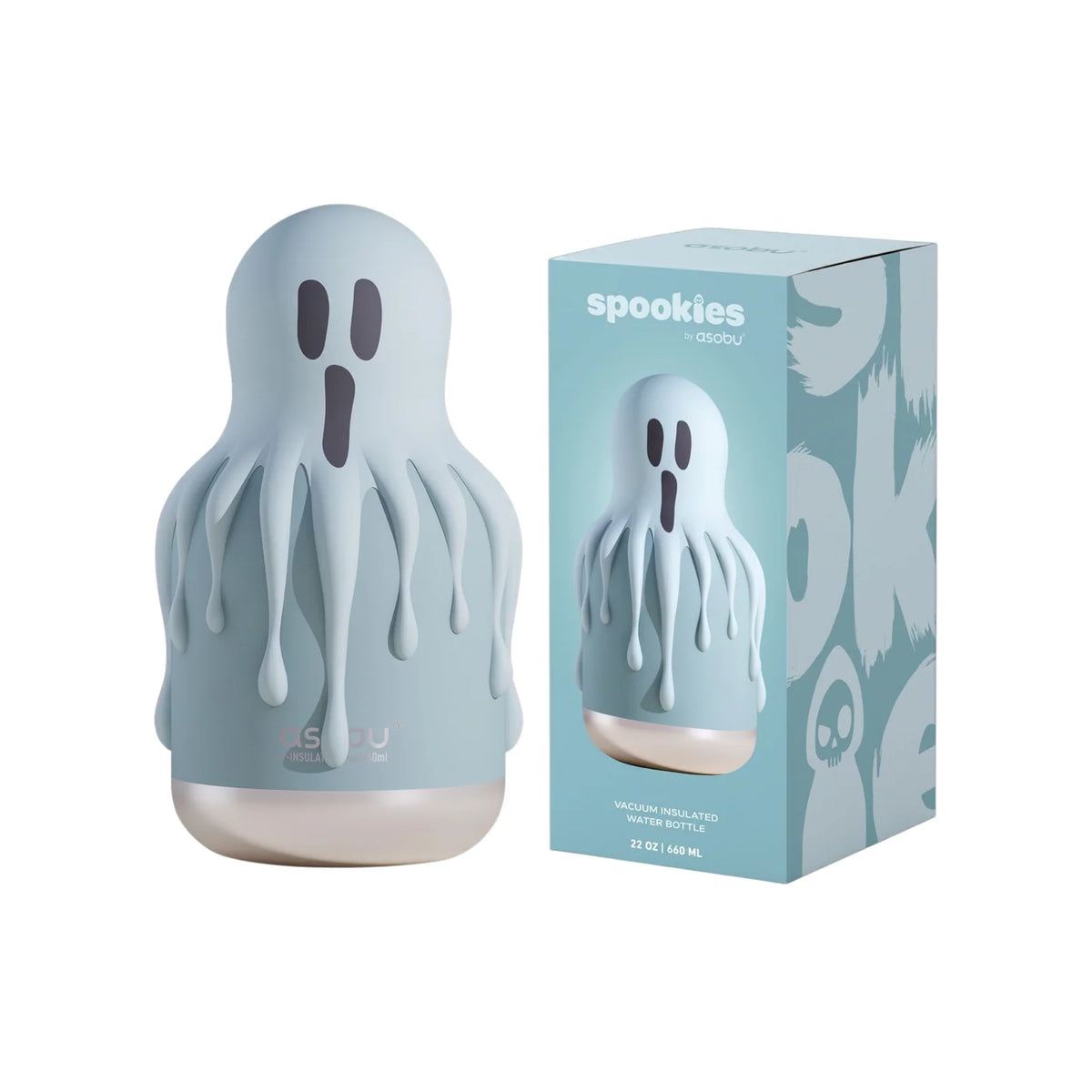 Ghost shaped drink bottle alongside a box featuring the bottle and text that reads: Spookies