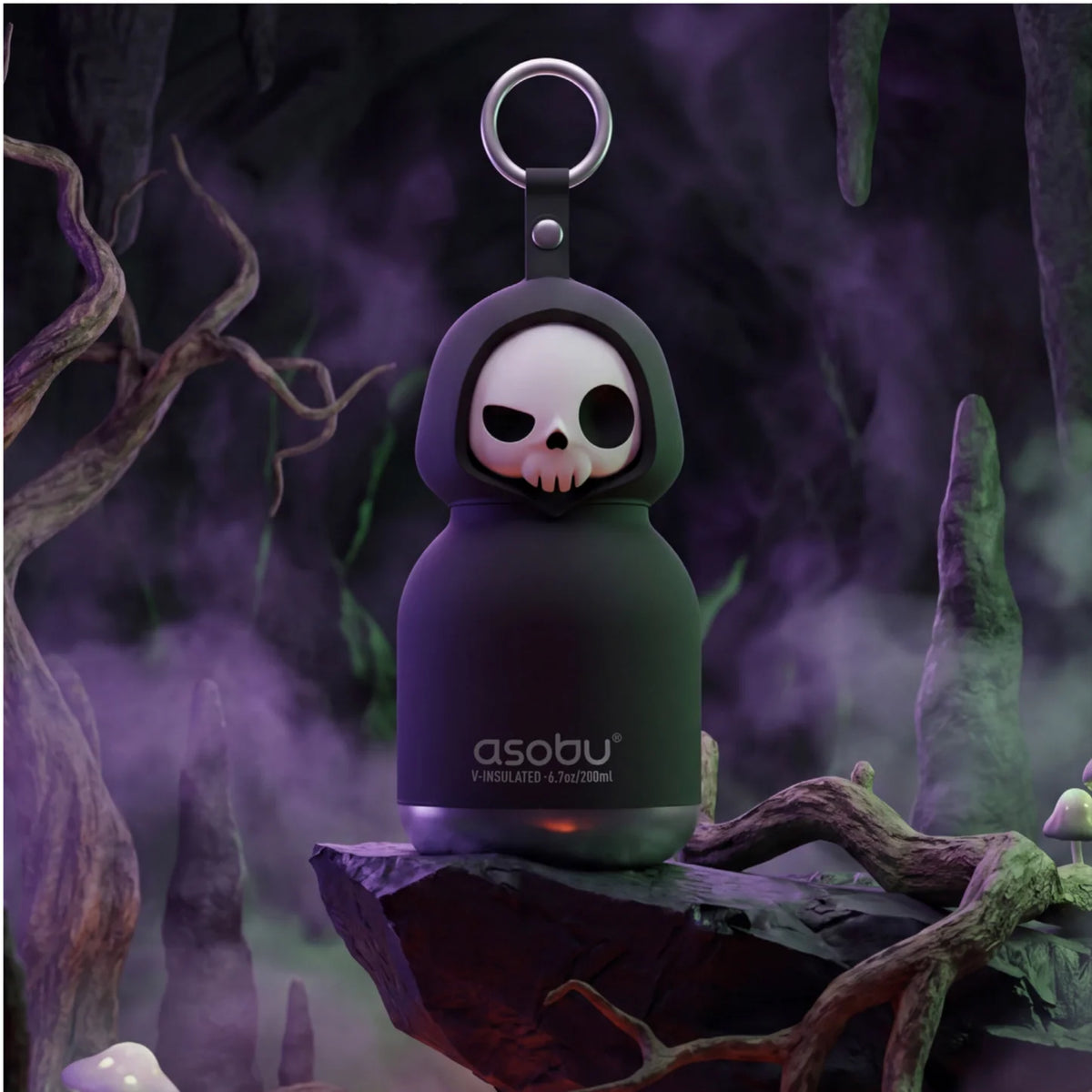 Ablack drink bottle with a skeleton face and hanging loop witha misty creepy background.
