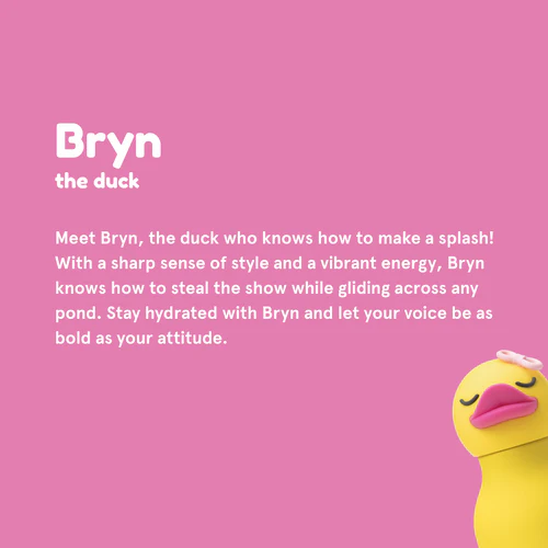 A hot pink text box, featuring a description of "Bryn" duck drinking bottle. The duck is peeping through the bottom right hand corner.