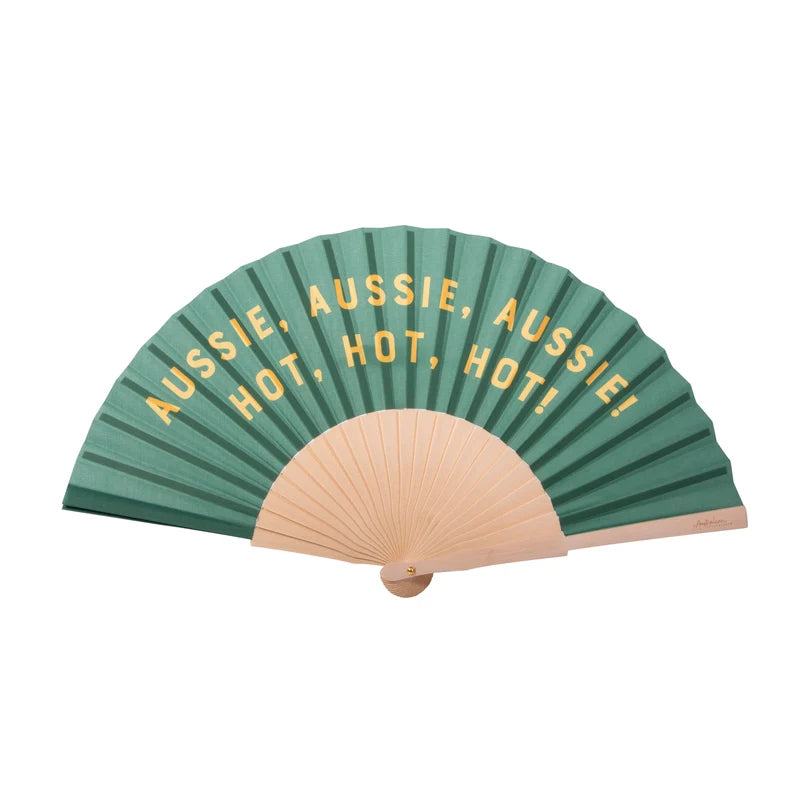 A green fan with text that reads: Aussie,Aussie,Aussie, Hot,Hot,Hot! on a white background.