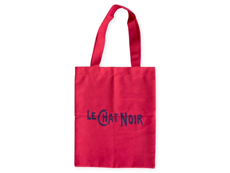 Red tote bag with 'Le Chat Noir' text on a white background