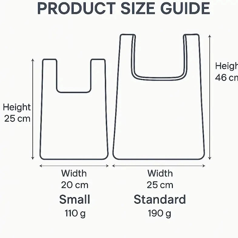 Product size guide for a bag with dimensions and weight labels.