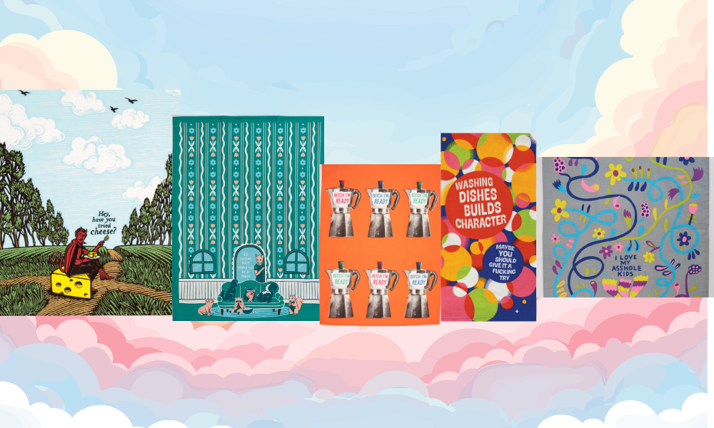 Collection of children's tea towels with colorful covers against a whimsical sky background.