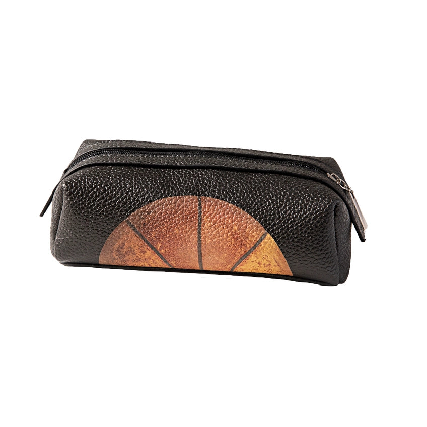 Black leather travel case with basketball design on a white background