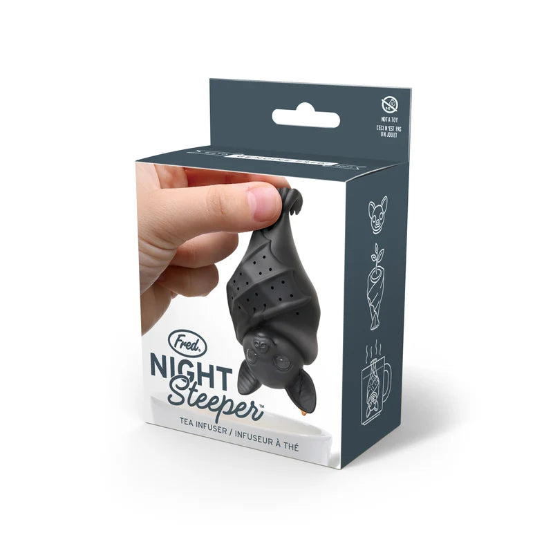 A grey box with an image of a black hanging bat and text that reads: Fred Night steeper on a white background