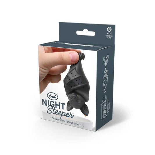 A grey box with an image of a black hanging bat and text that reads: Fred Night steeper on a white background