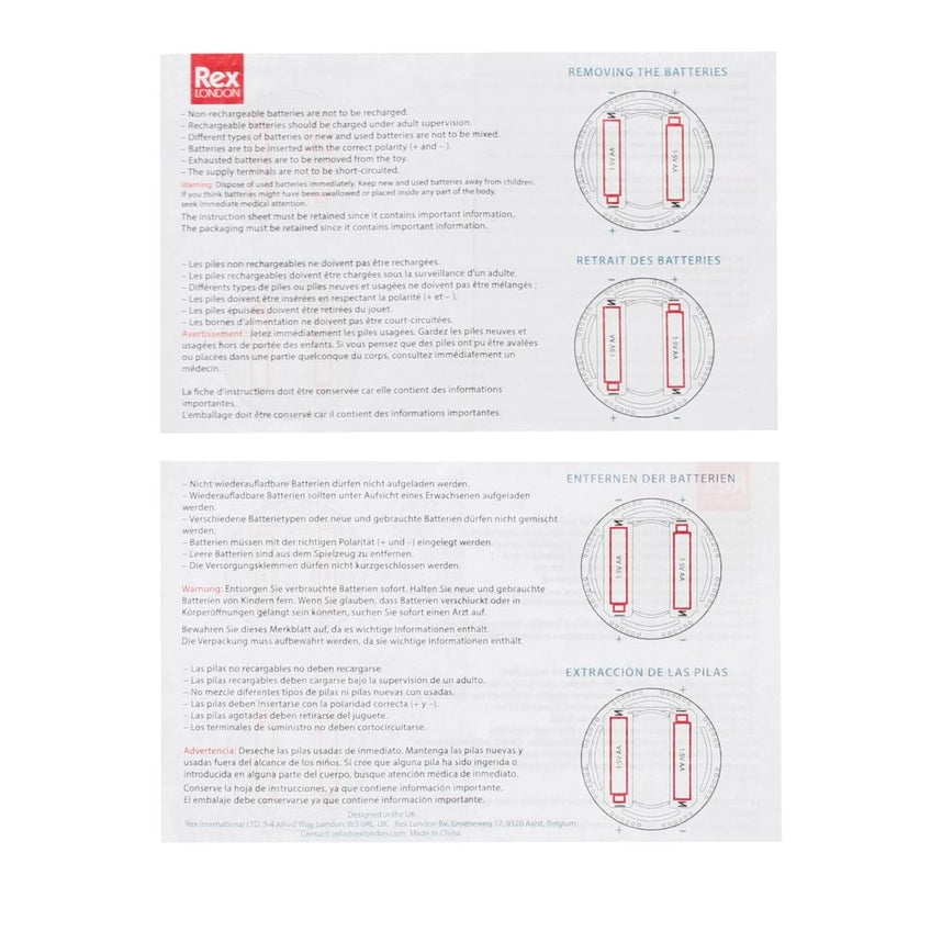 User manual with battery removal instructions for a product by Rex, featuring text and diagrams.