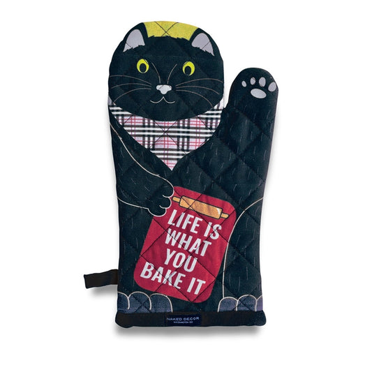 Oven mitt with a cat design and 'Life is what you bake it' text on a white background