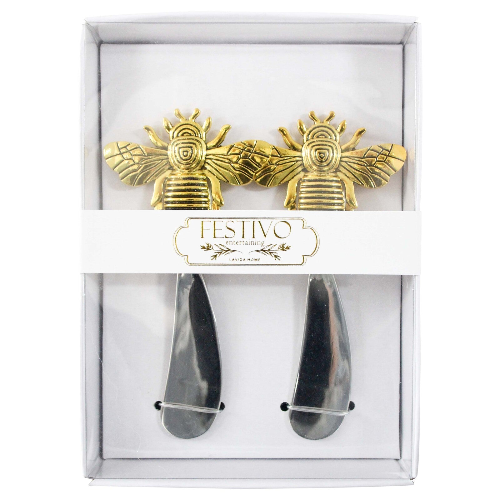 Gold bee-shaped cutlery set in a white box with 'Festivo' branding.
