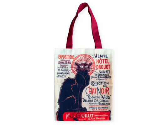 Tote bag with vintage-style black cat design and red handle on a white background