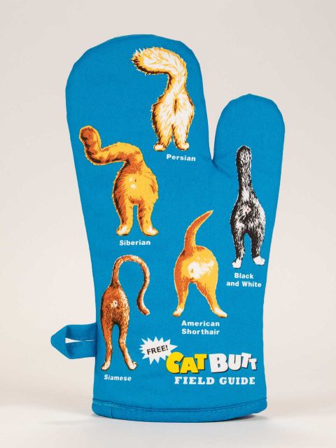 The back view of BLUEQ Oven glove- features five Cat Butts of various cat breeds.