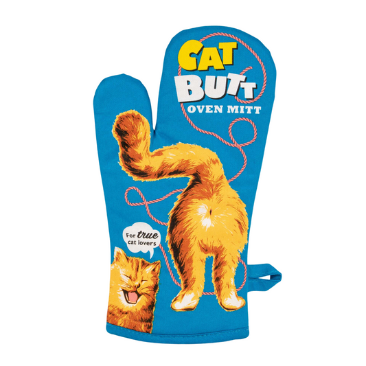 A blue BLUE Q Oven glove featuring the ginger behind of a large cat, and a smaller laughing cat. Colourful bold text reads: Cat Butt oven mitt. Smaller text in the bottom, left corner reads: For true cat lovers.