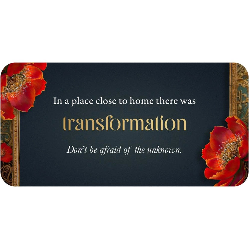 A navy affirmation card with text and two red flowers.
