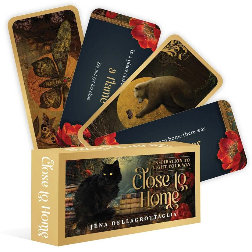 A yellow deck of affirmation cards featuring a black cat on the front cover followed by four cards from the deck in a fan like pattern. The background is white.