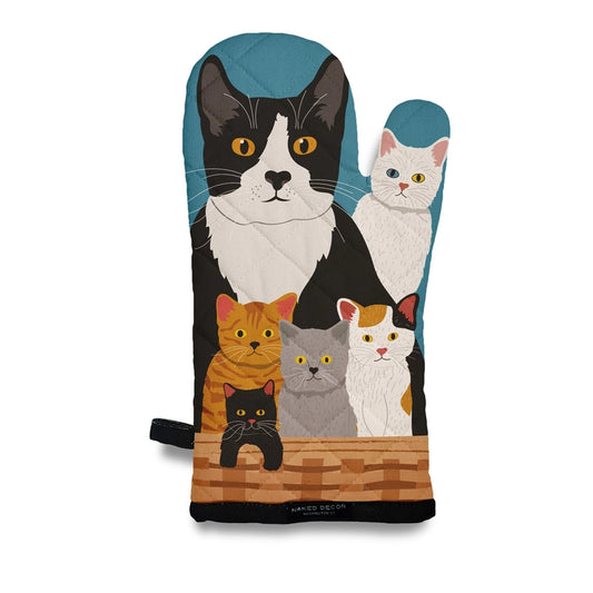 Oven mitt with cat illustrations on a white background