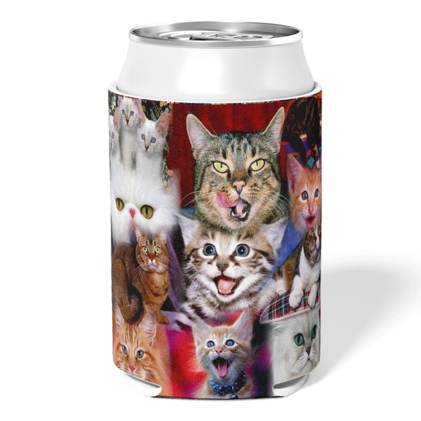 Happy cats collage on a neoprene can cooler, background is white.