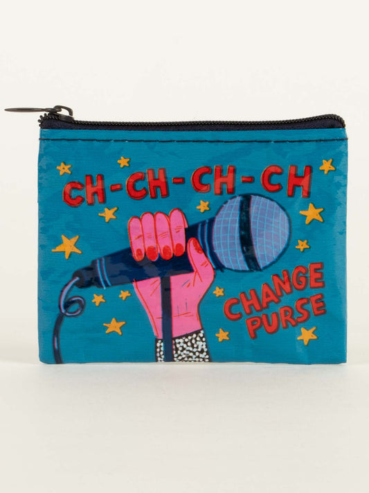 Blue Coin purse with text- "Ch-Ch-Change" on a white background