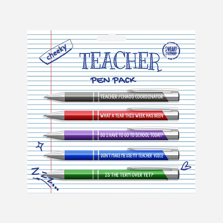 Set of pens with humorous text on a lined paper background