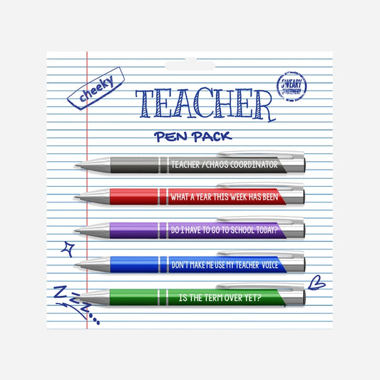 Set of pens with humorous text on a lined paper background