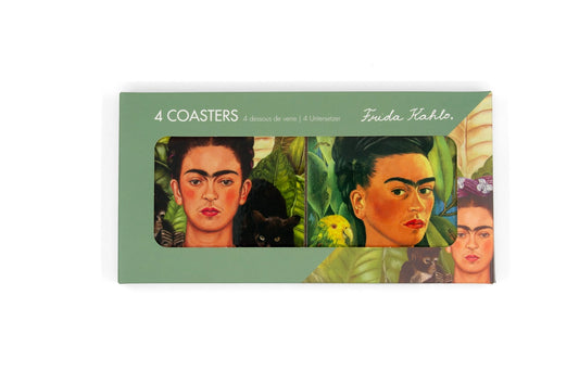 A green packet of 4 coasters of artist Frida Kahlo , on a white background