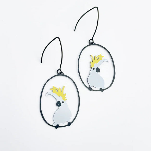 Sulphur Crested Cockatoo in White/Yellow - super super lightweight Midi size earring.

Made in Australia from recycled plated stainless steel

Surgical steels hooks

65mm x 30mm