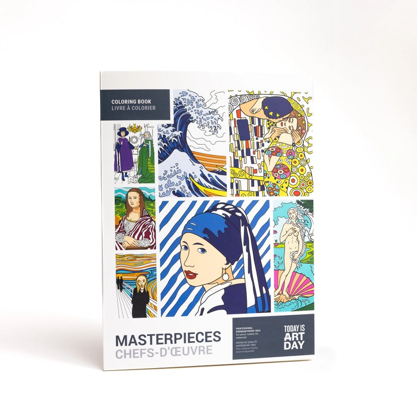 Coloring book packaging with famous artworks on a white background