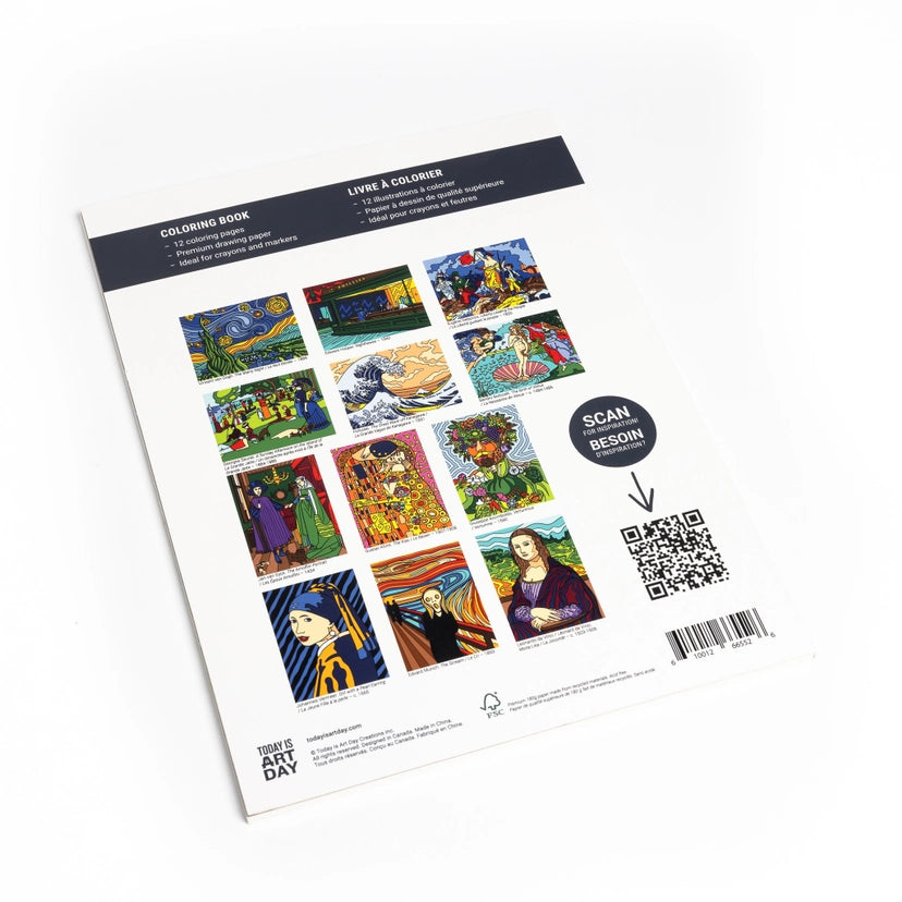 Coloring book with famous artworks on a white background