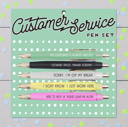Set of pens with humorous sayings on a polka dot card labeled 'Customer Service Pen Set'.