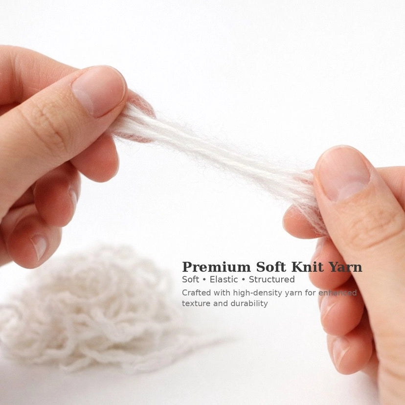 Hands holding white yarn with text describing premium soft knit yarn on a white background