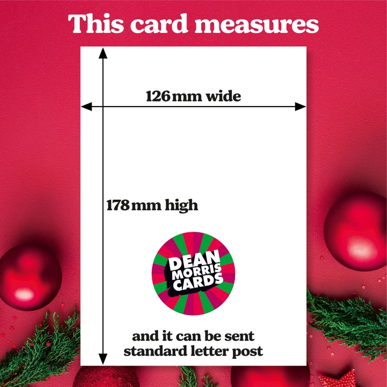 Card with dimensions and Dean Morris Cards logo on a red background