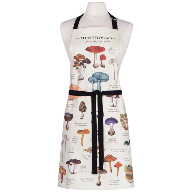 Apron with mushroom illustrations on a mannequin against a white background