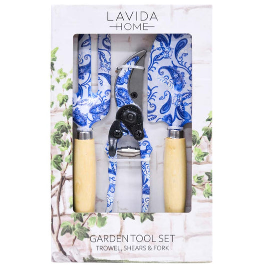 Garden tool set with trowel, shears, and fork in a decorative box labeled 'Lavida Home'.