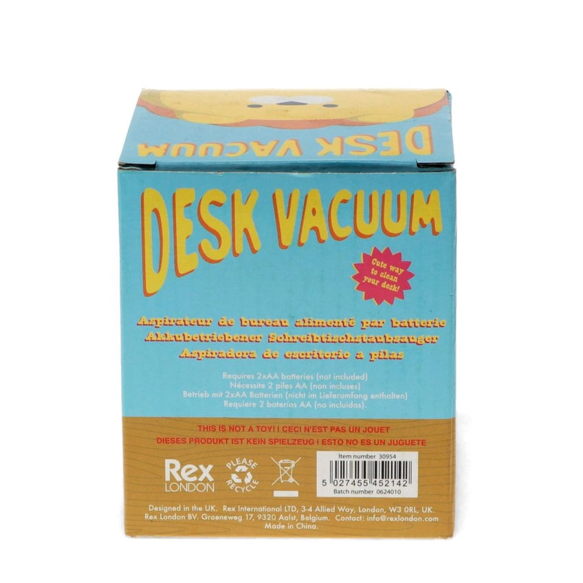 Box of a desk vacuum with colorful design on a white background