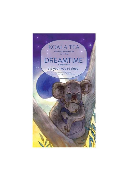 Koala tea Dreamtime  purple box on a white background.