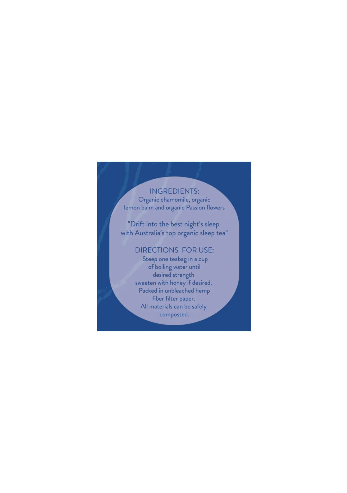 Product label with text on a blue background