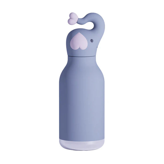 Asobu brand Mauve/grey silicone insulated  460 ml drink bottle in the form of an elephant with raised drunk for lid. Pink heart stamped on ear and end of drunk.
