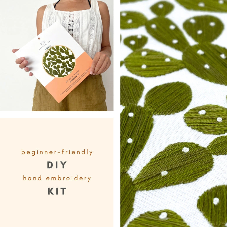 Packaging held by person of:Embroidery DIY Craft kit- Prickly pears