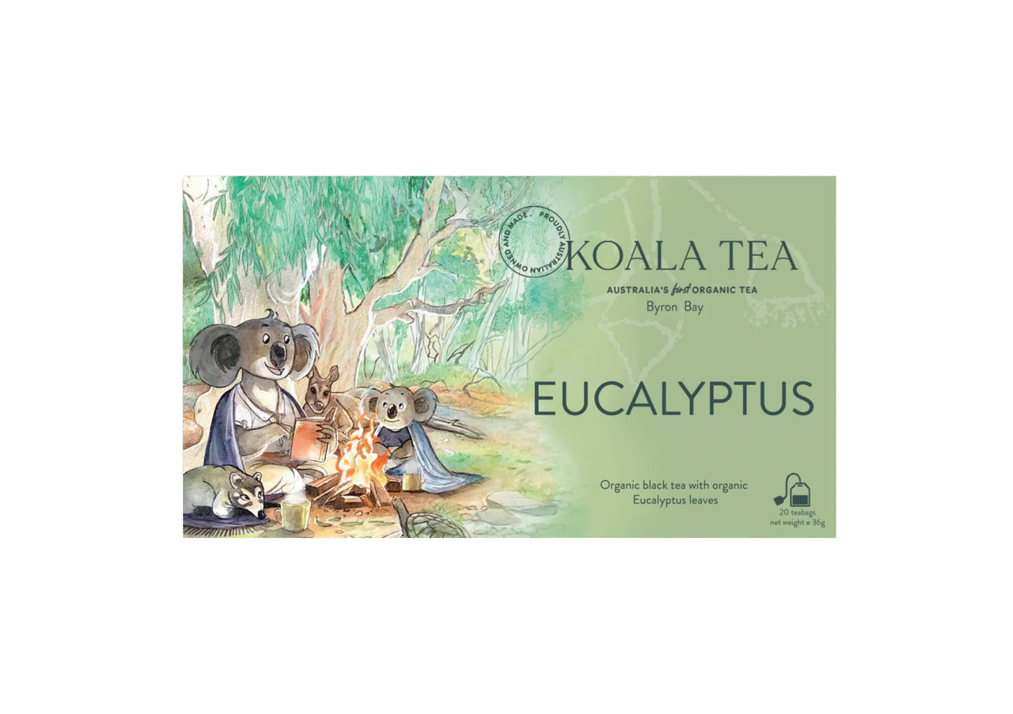 Koala Tea Eucalyptus packaging with koalas around a campfire in a forest setting.