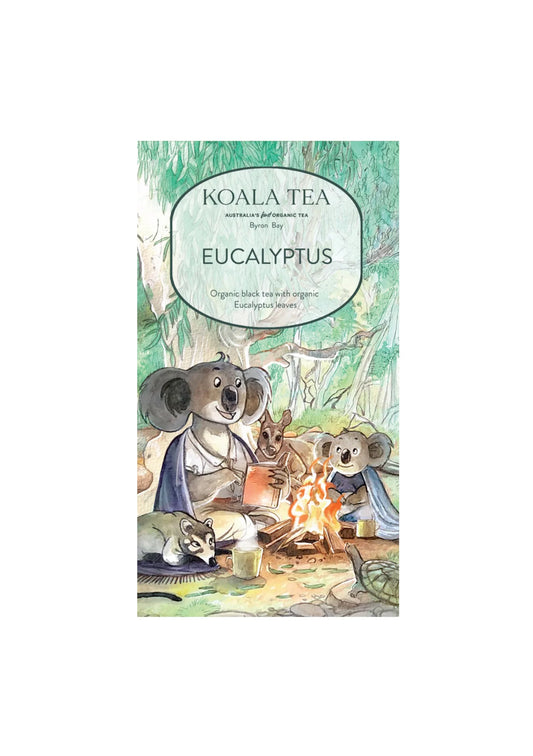 Koala Tea packaging with koalas around a campfire in a forest setting