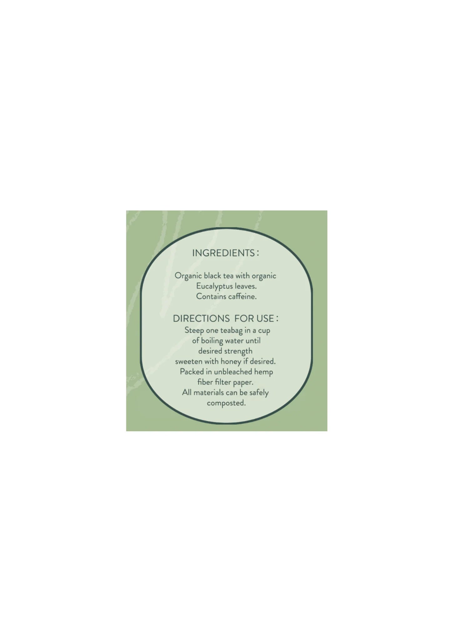 Tea bag label with ingredients and directions on a white background