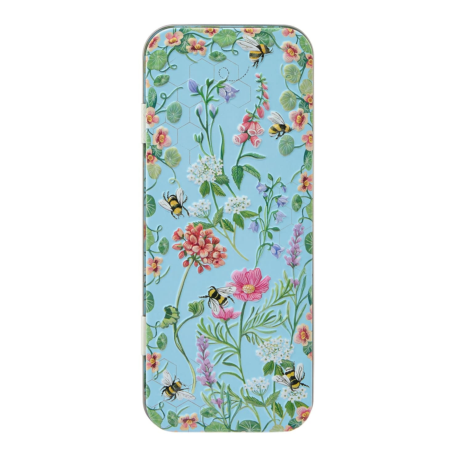 Tin case with floral design and bees on a blue background