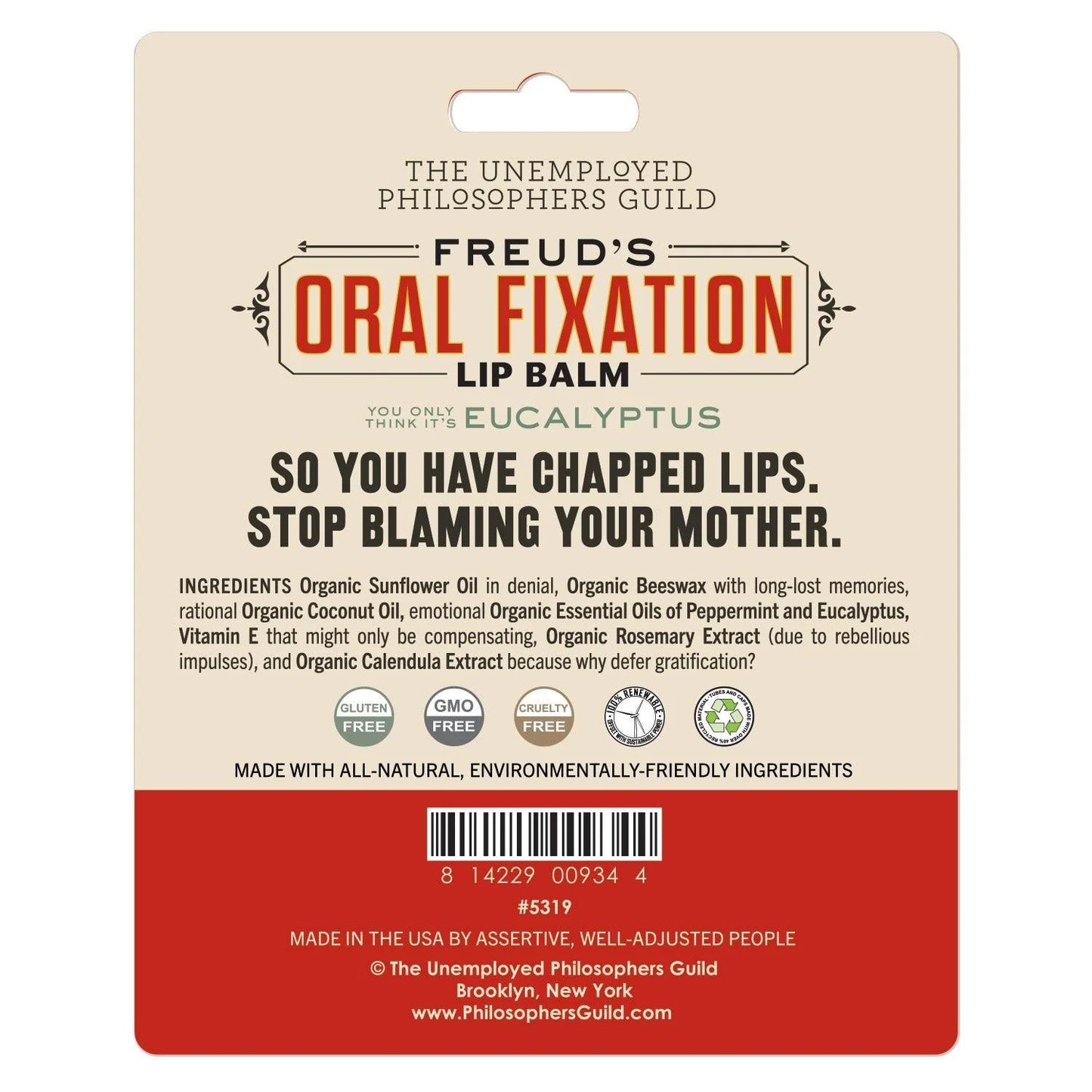 Lip balm packaging with brand name and product description on a beige and red background