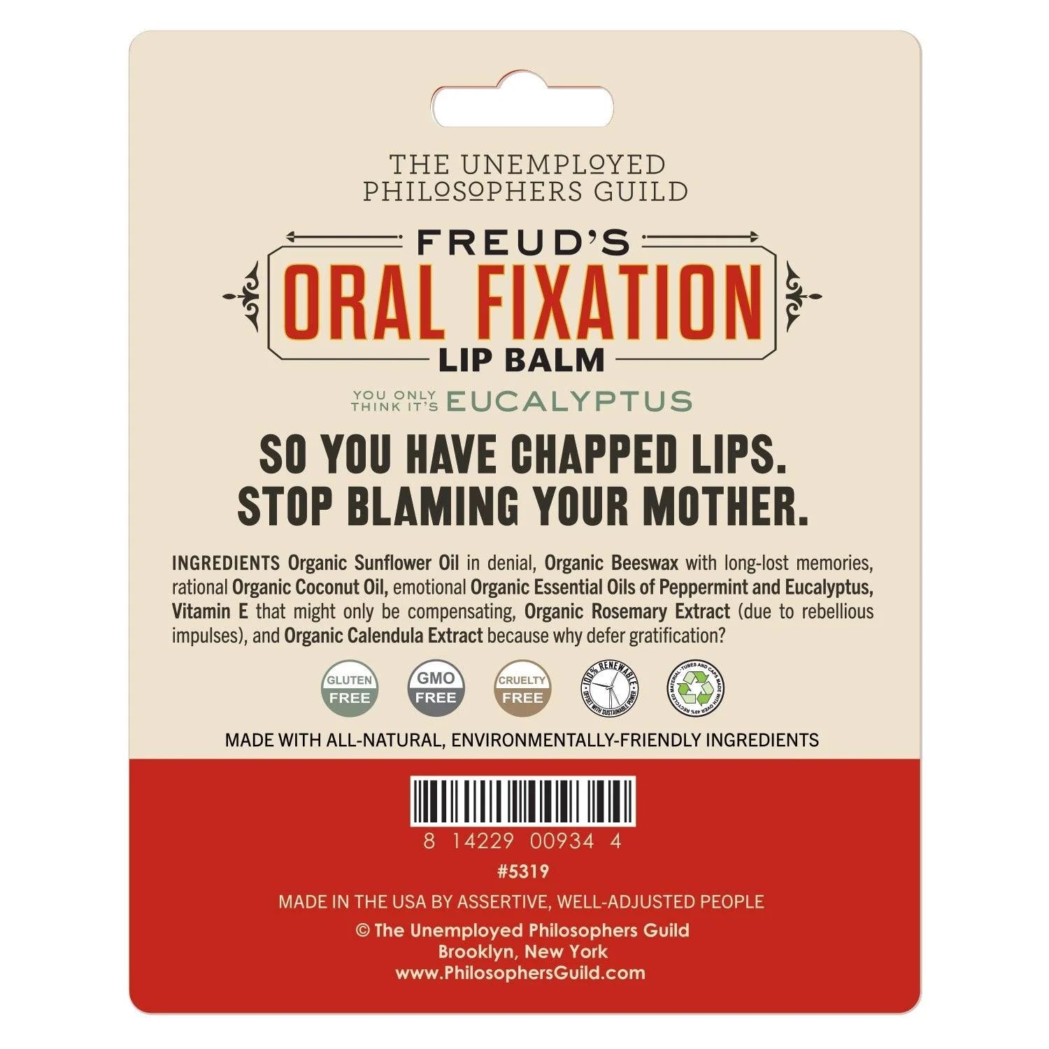 Lip balm packaging with brand name and product description on a beige and red background