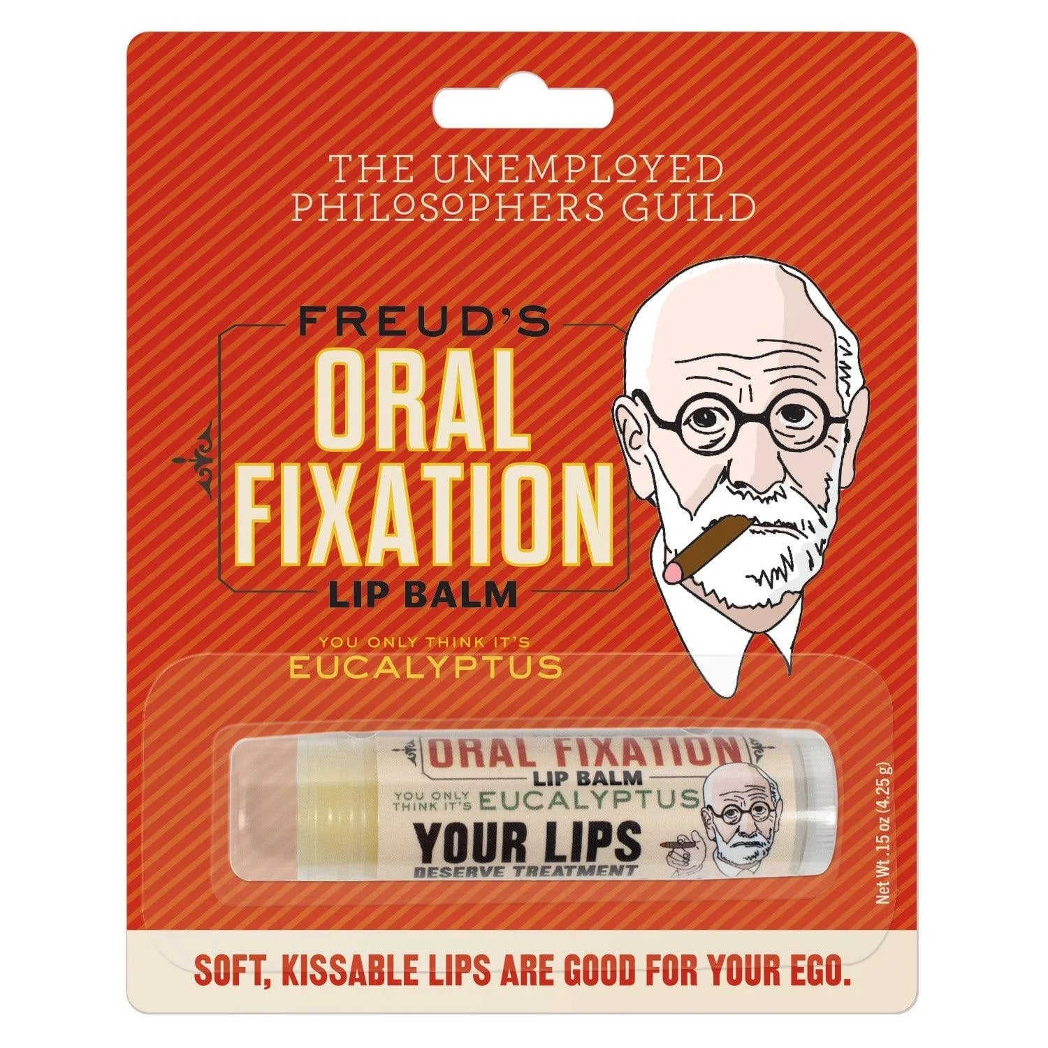 Lip balm packaging with Freud's Oral Fixation branding on a red background
