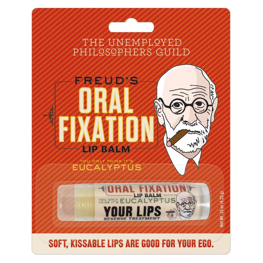 Lip balm packaging with Freud's Oral Fixation branding on a red background