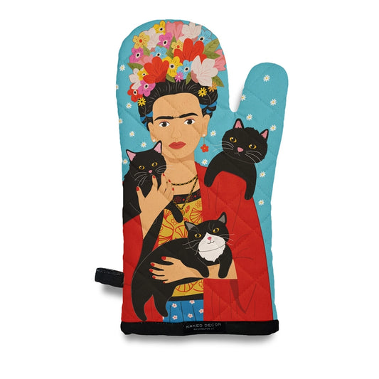 Oven mitt with Frida Kahlo design holding cats on a white background