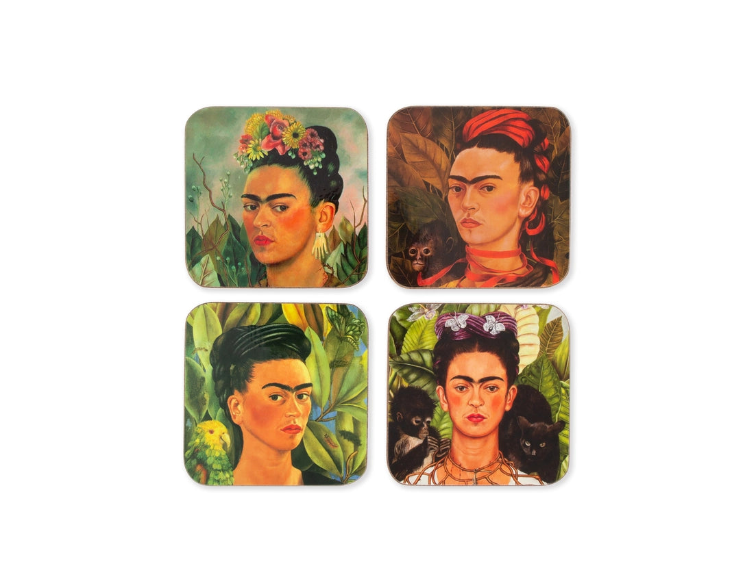 Four drink coasters celebrating four self drawn images of Frida Kahlo, on a white background.