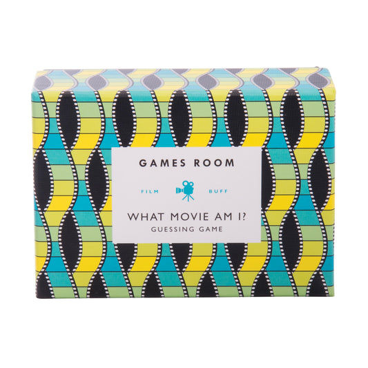 Colorful packaging of a guessing game titled 'What Movie Am I?' from Games Room on a white background.