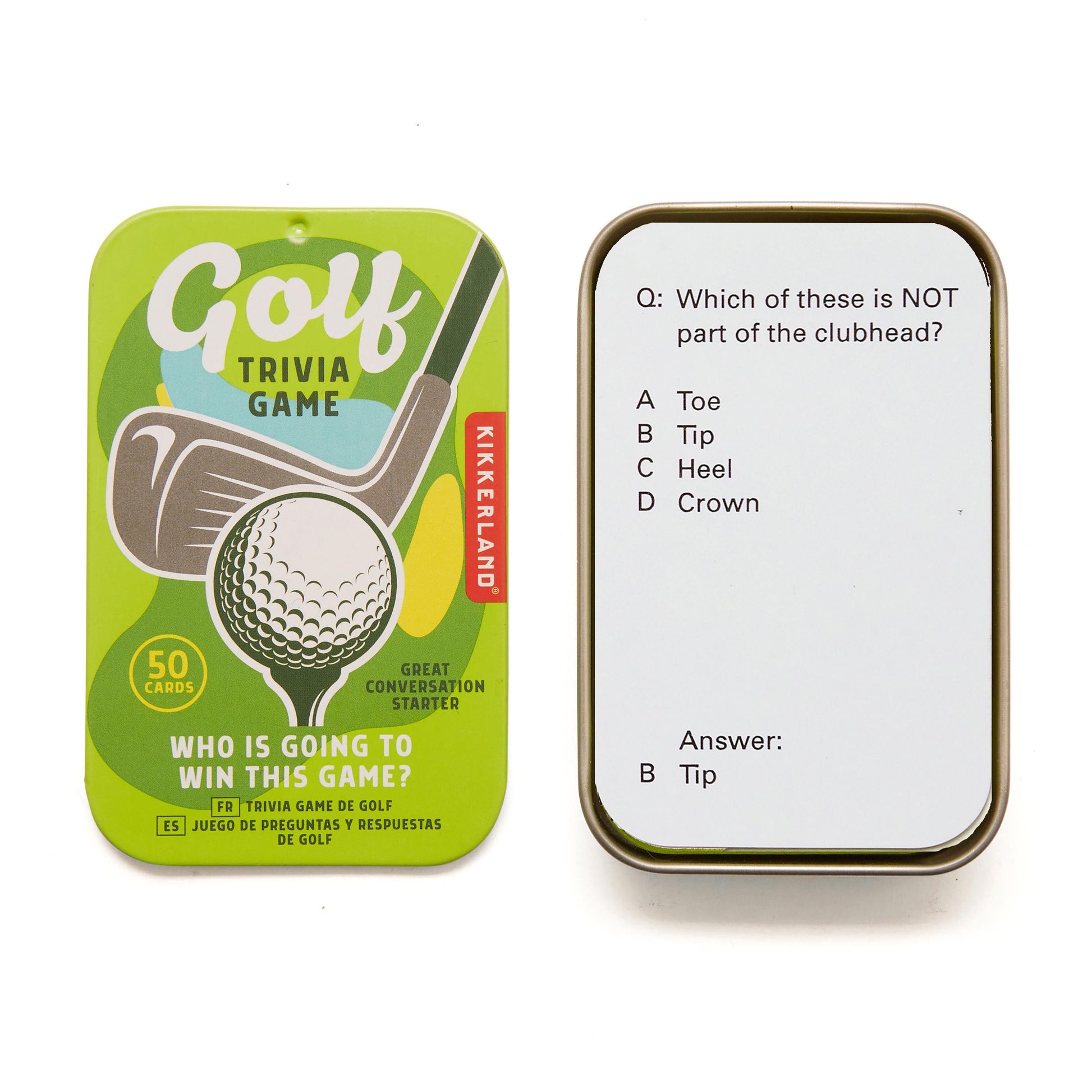 Golf trivia game set with question card and packaging on a white background